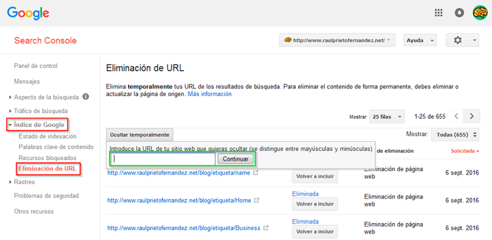 Eliminar URLs de Google