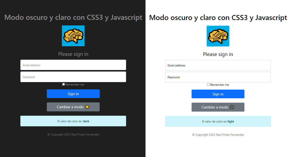 Modo oscuro y claro CSS3 y Javascript