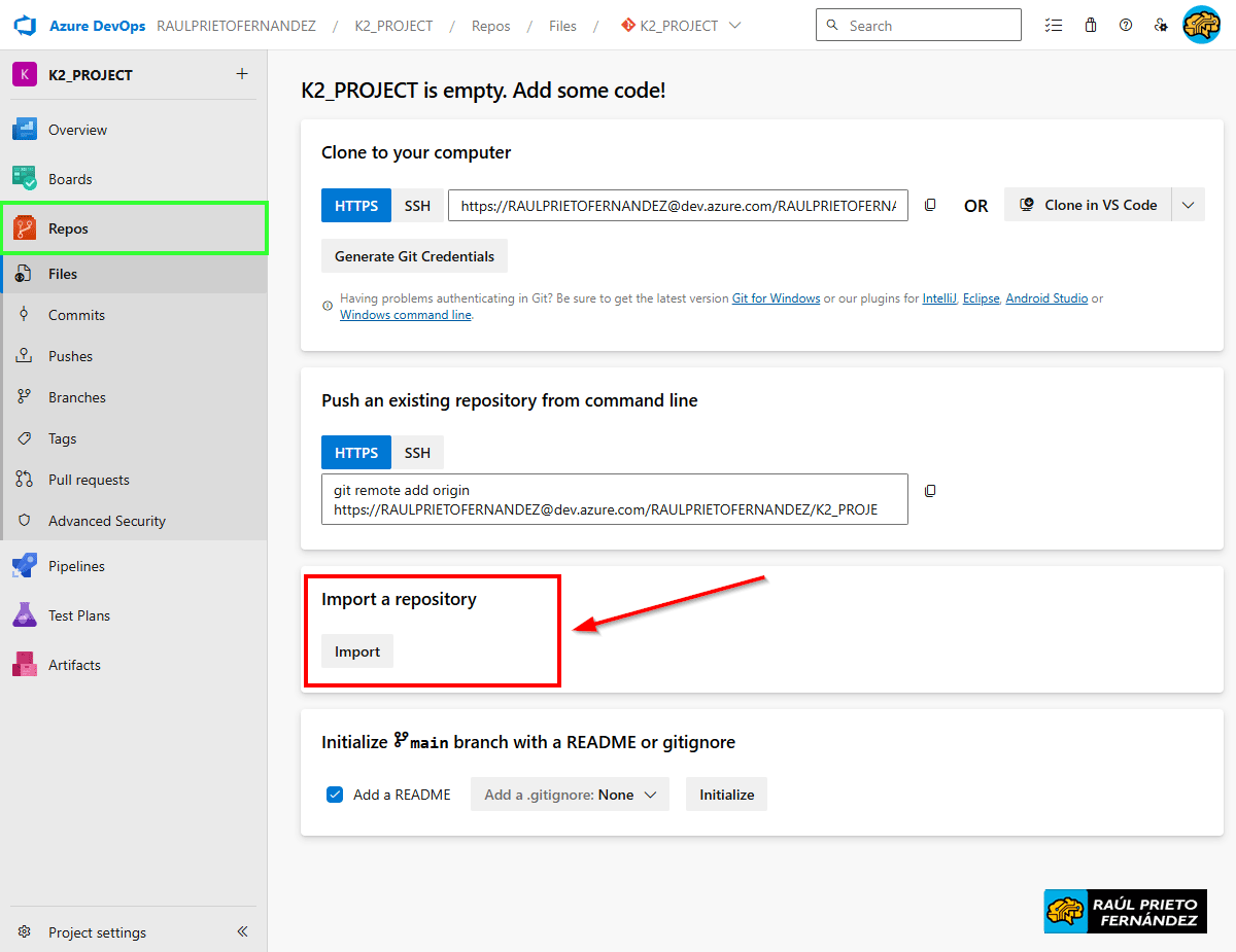 importar repositorio GitHub en Azure DevOps