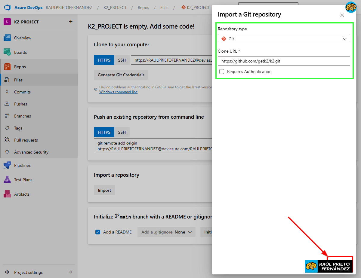 importar repositorio GitHub en Azure DevOps